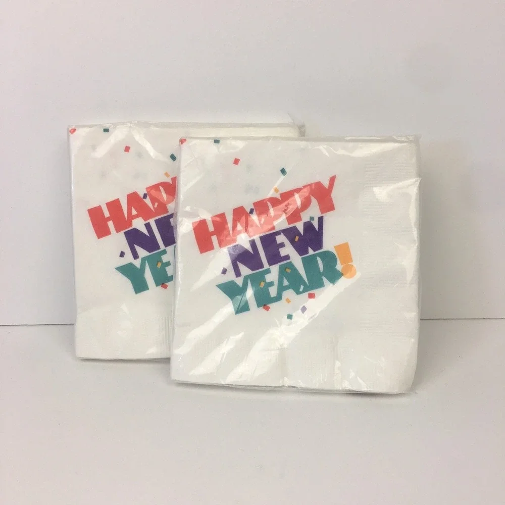 Hallmark Happy New Year‎ Vtg White Napkins Colorful 80s 90s Font 2 Packs Sealed